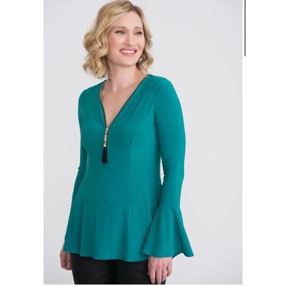 Joseph Ribkoff Tops - Joseph Ribkoff Greenery V-Neck Pleated Satin Peplum Top 251037 Size 18